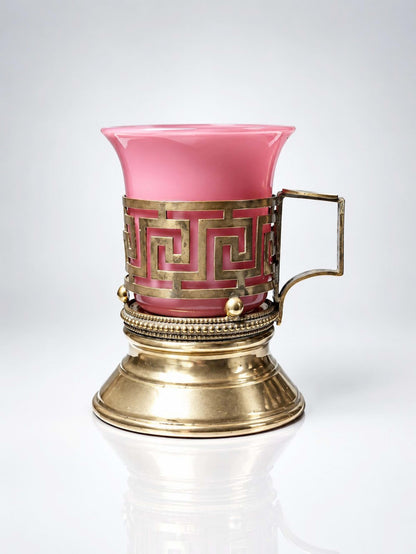 Vintage Kerzenhalter aus rosa Opalglas und vergoldetem Messing, 19. Jahrhundert