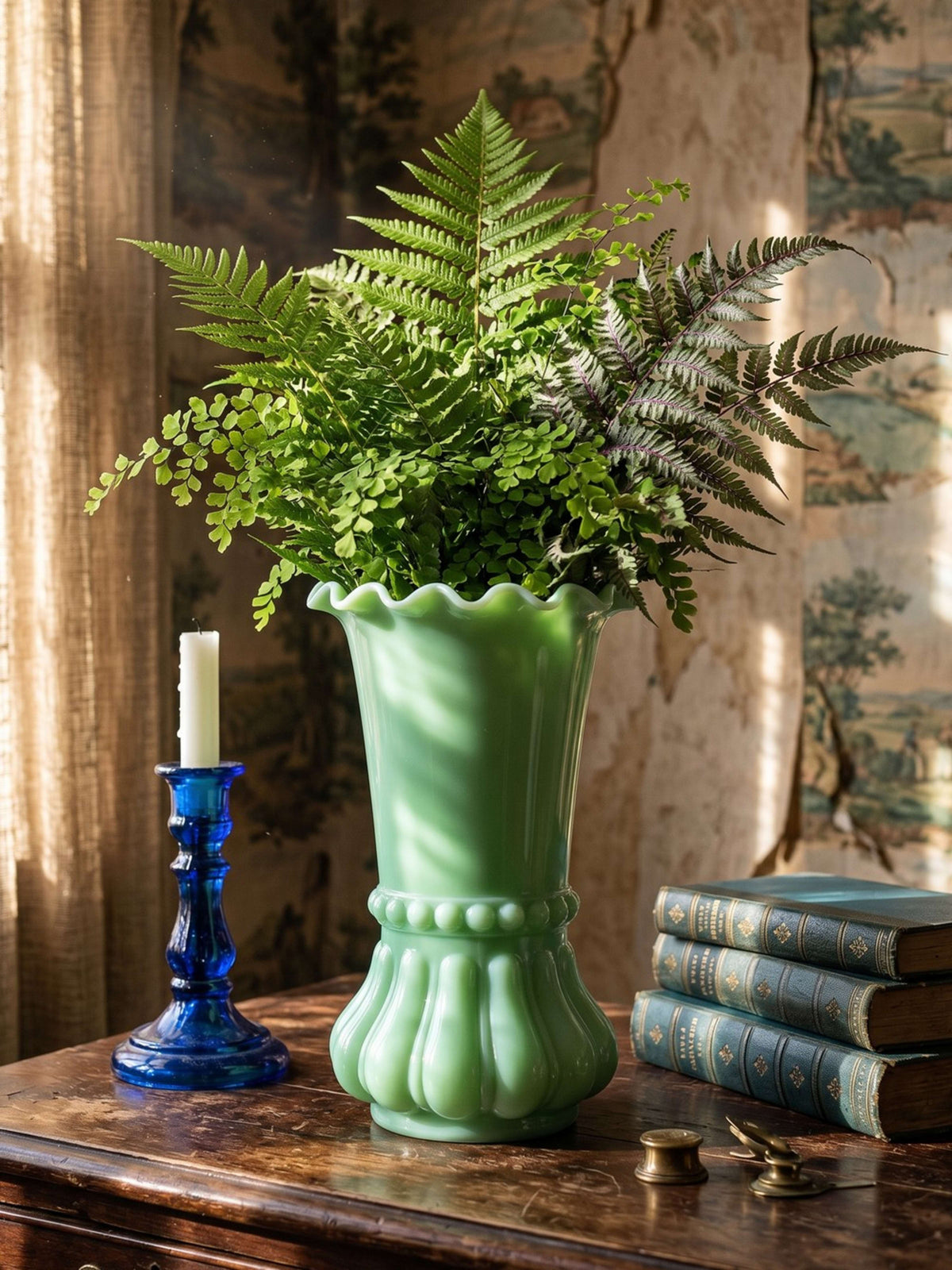 Vintage Vase aus Opalglas, Jadegrün, Art Nouveau