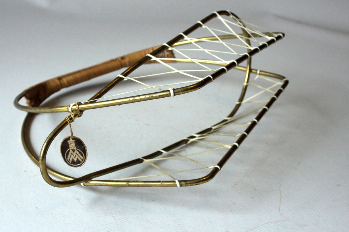 Vintage Flaschenkorb Messing und Rattan, Mid-Century