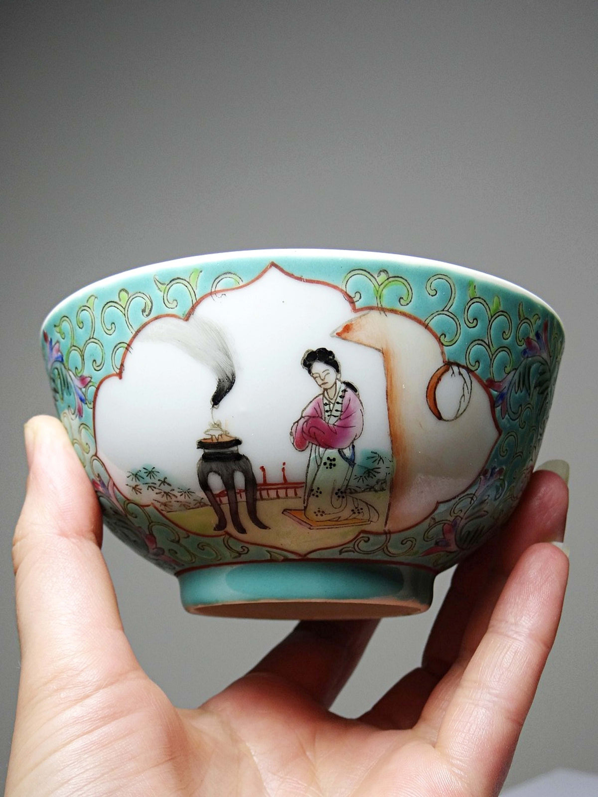 Vintage Porzellanschale Famille Rose Jingdezhen, Damen-Motiv 60er