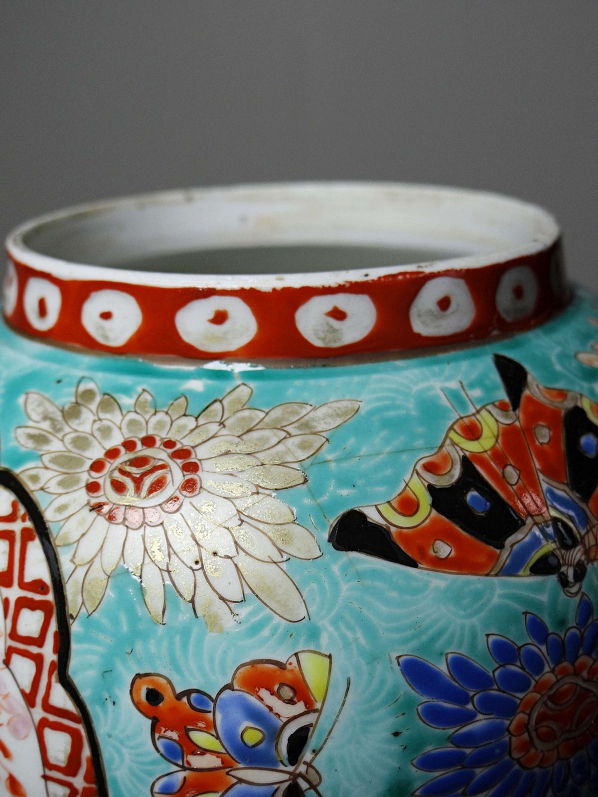 Vintage Vase Porzellan handbemalt, Meiji-Periode, Türkis und Gold