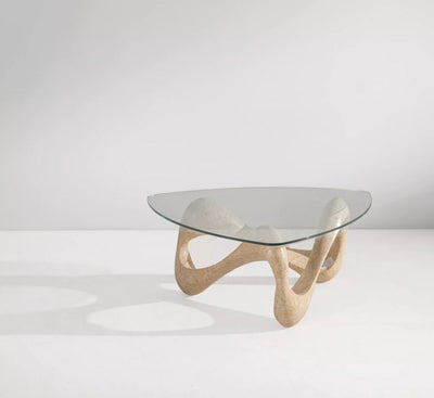 Couchtisch aus steinpatiniertem Holz mit Glasplatte, Italien 1980er