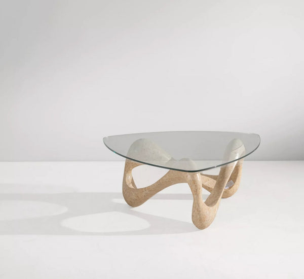 Couchtisch aus steinpatiniertem Holz mit Glasplatte, Italien 1980er