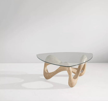 Couchtisch aus steinpatiniertem Holz mit Glasplatte, Italien 1980er