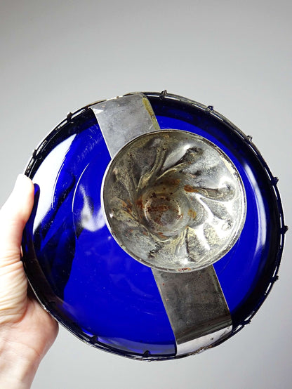Vintage Schale aus Kobaltglas und versilbertem Metall, Louis XVI Stil, circa 1900-1920