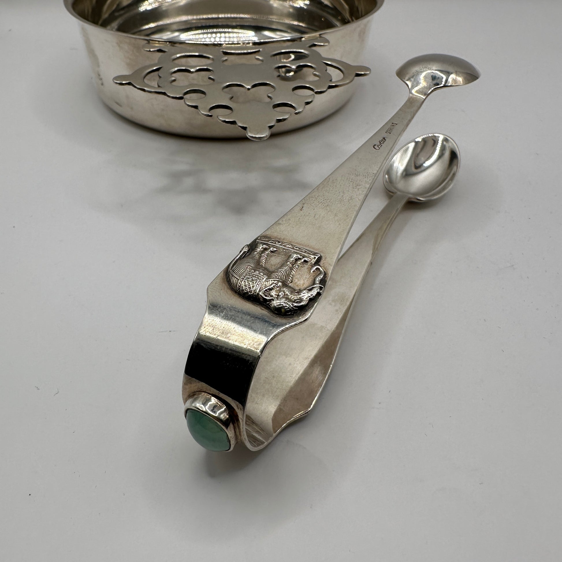 Vintage Set von 3 Cartier Schale, Untersetzer und Elefanten-Löffelzange von Cartier