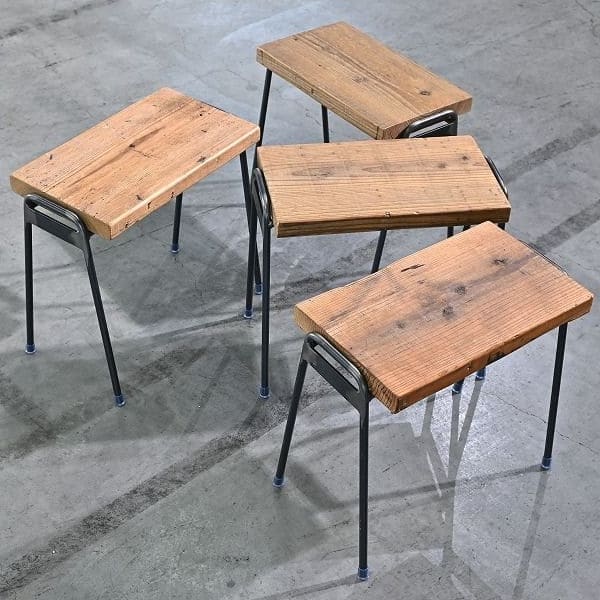 Vintage Hocker FACT von Sugiyama Seisakusho & Set von 4 & Eisenbeine & Altholz