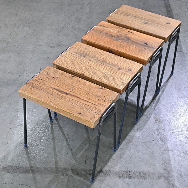 Vintage Hocker FACT von Sugiyama Seisakusho & Set von 4 & Eisenbeine & Altholz