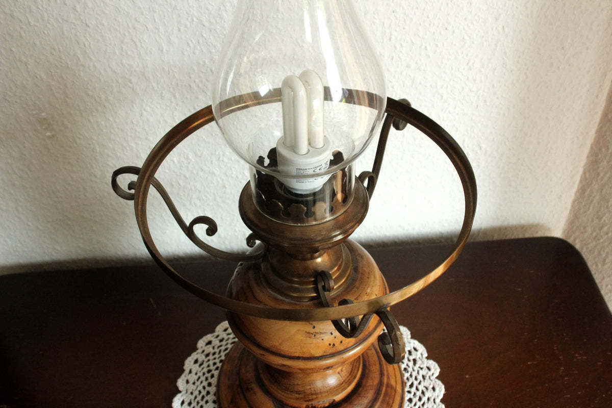 Vintage Tischlampe Landhaus-Stil aus Metall, Holz und Glas, 80er Jahre