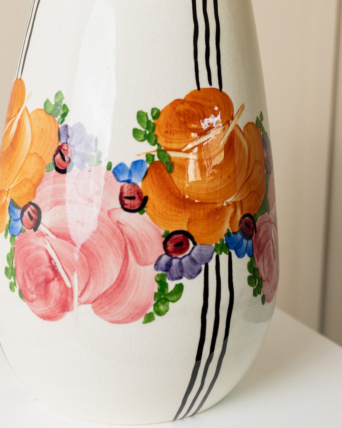 Vase vintage motif fleurs et rayures par Zeh Scherzer bleu années 70