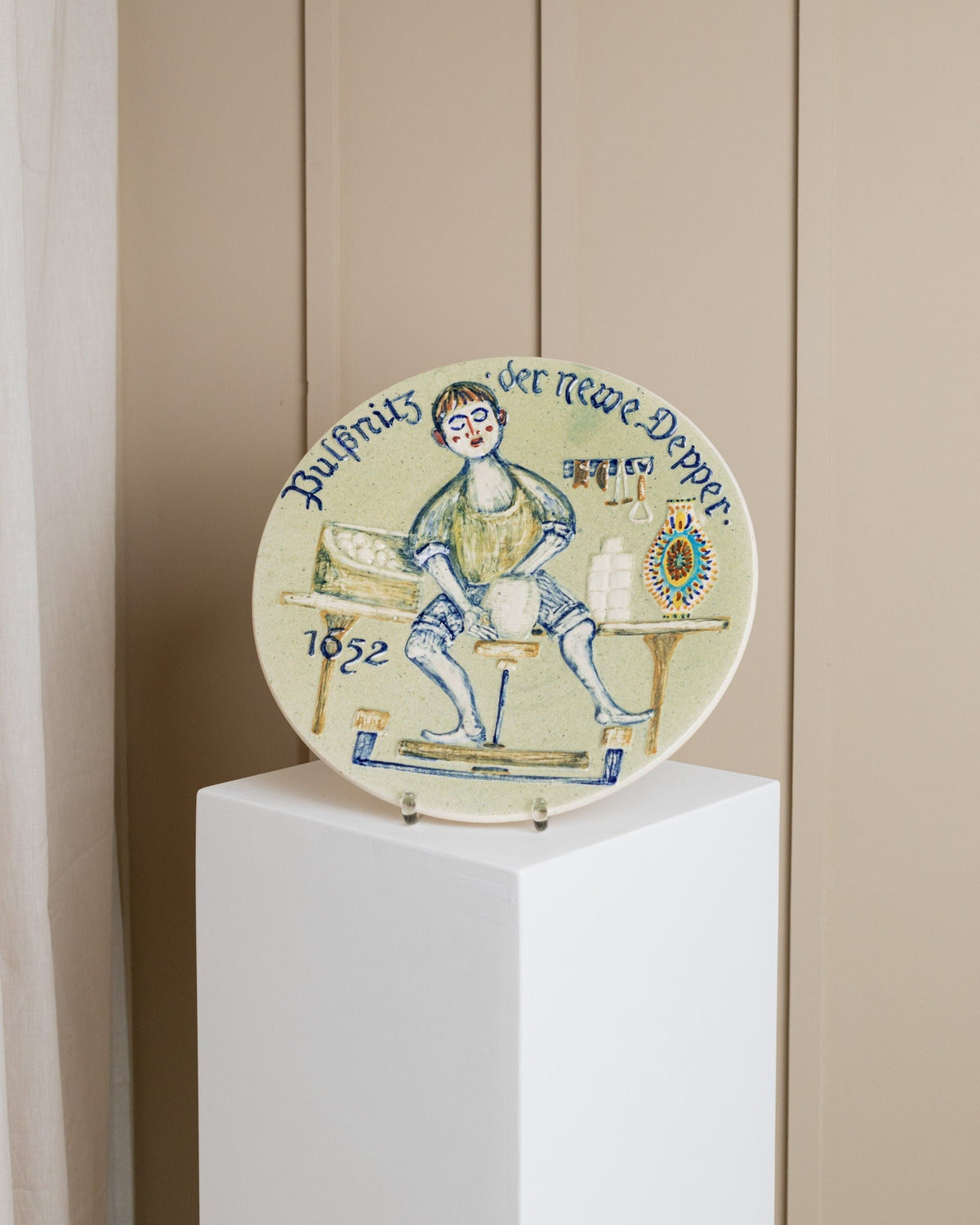 Vintage Ceramic Wall Plate by Werner Schmidt Blue Naive Motif 1970s