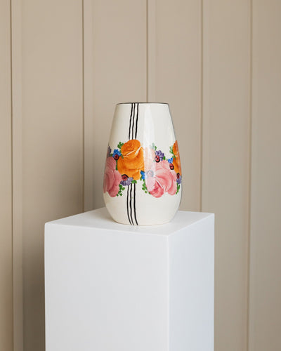 Vase vintage motif fleurs et rayures par Zeh Scherzer bleu années 70