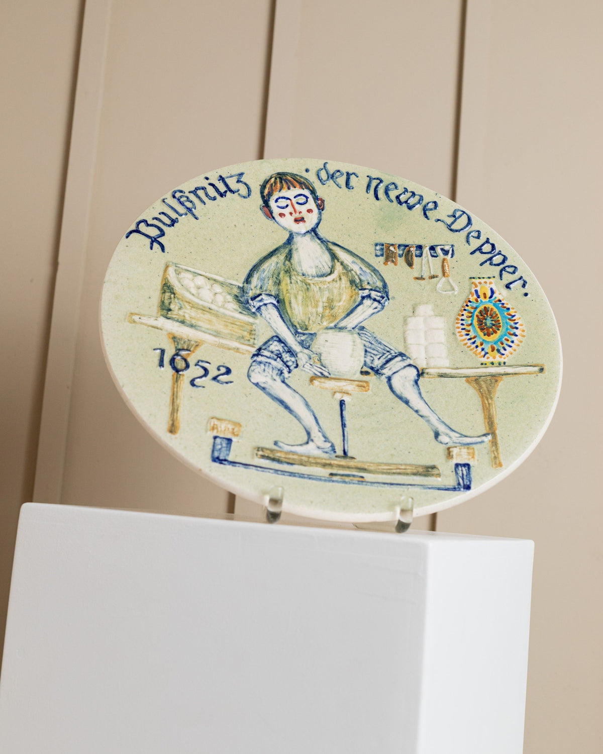 Vintage Ceramic Wall Plate by Werner Schmidt Blue Naive Motif 1970s