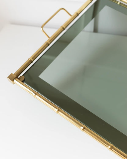 Vintage Tray Bamboo Design Smoked Glass Hollywood Regency 1960s Vintage
