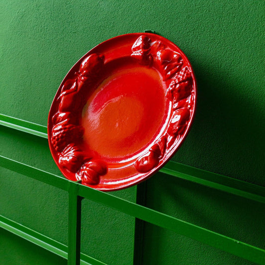 Vintage Fruit Plate Ceramic Red Glaze Fruit Relief Mid Century Design Italy 1980s