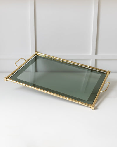 Plateau Vintage Design Bambou Verre Fumé Hollywood Regency Vintage Années 60