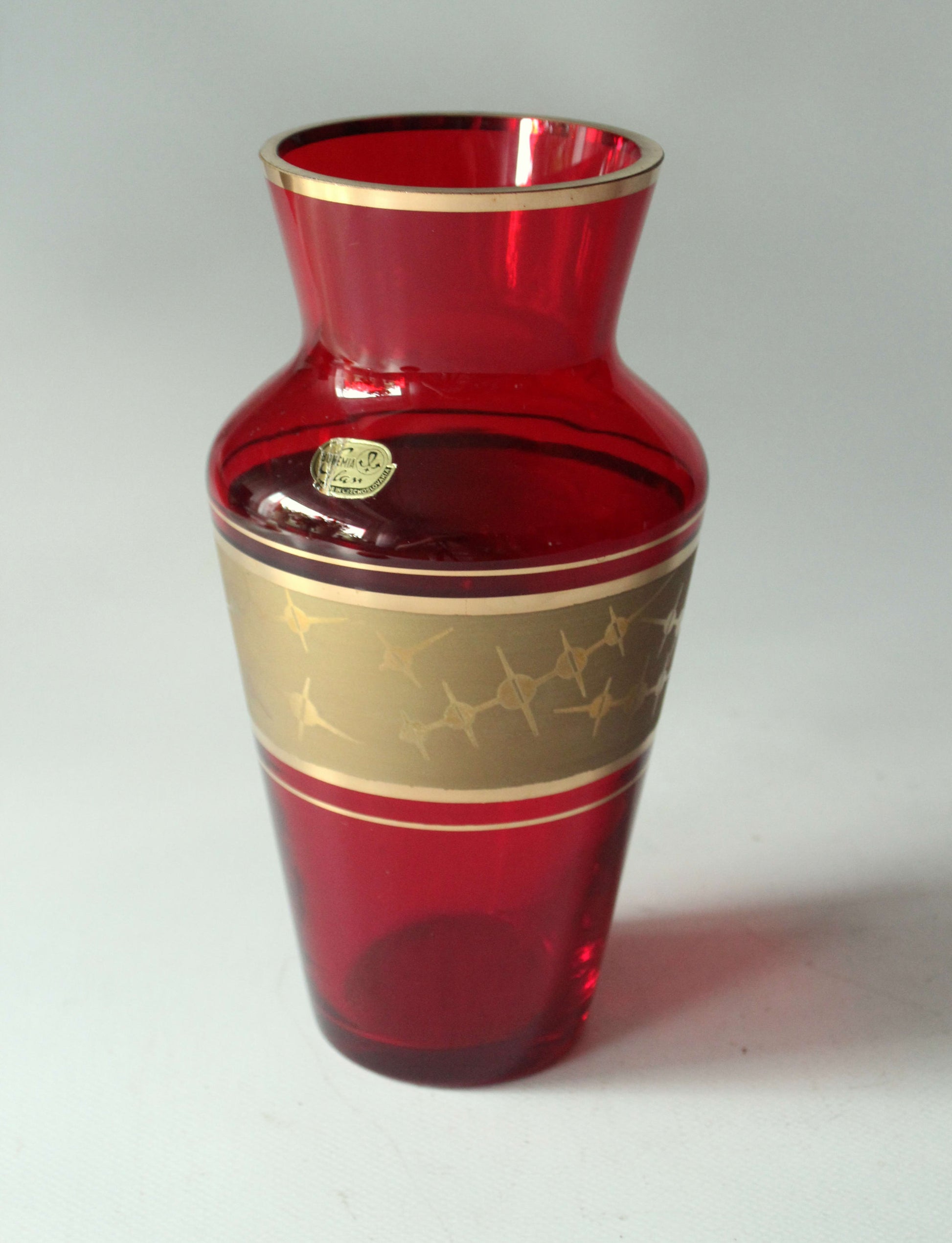Vintage Vase "Böhmisches Glas" Rubinrot mit Goldakzenten