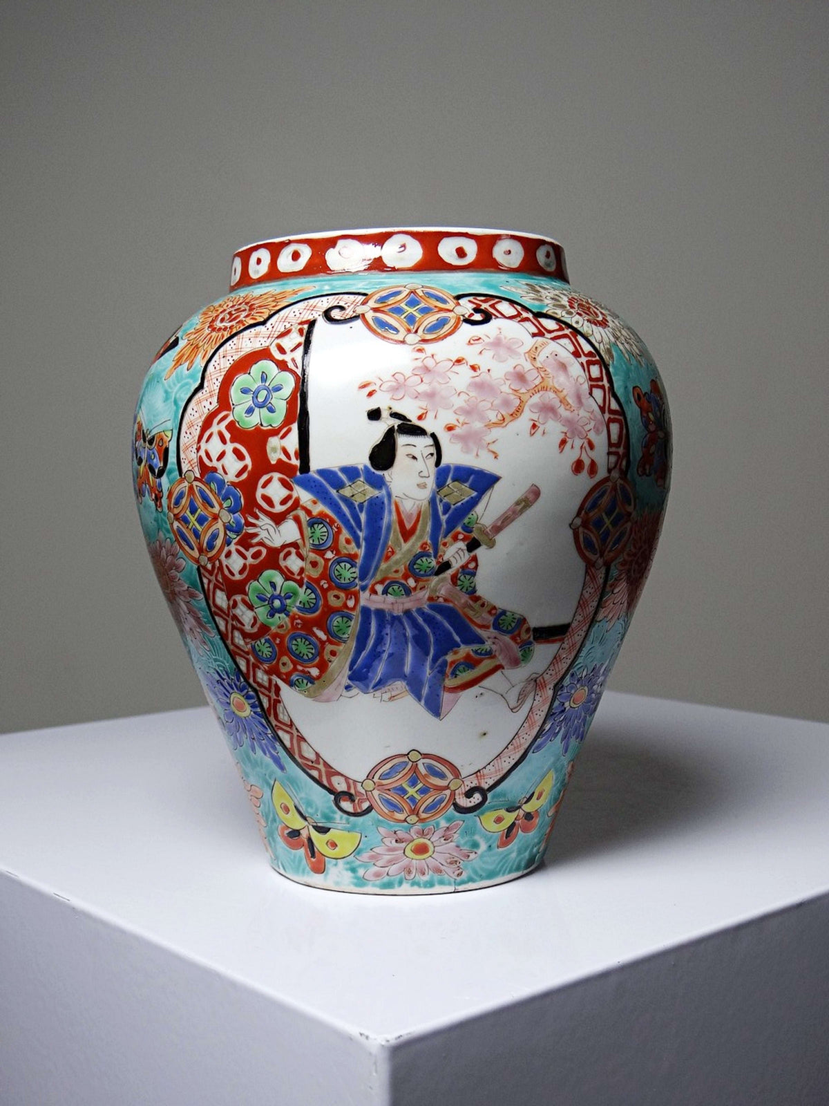 Vintage Vase Porzellan handbemalt, Meiji-Periode, Türkis und Gold