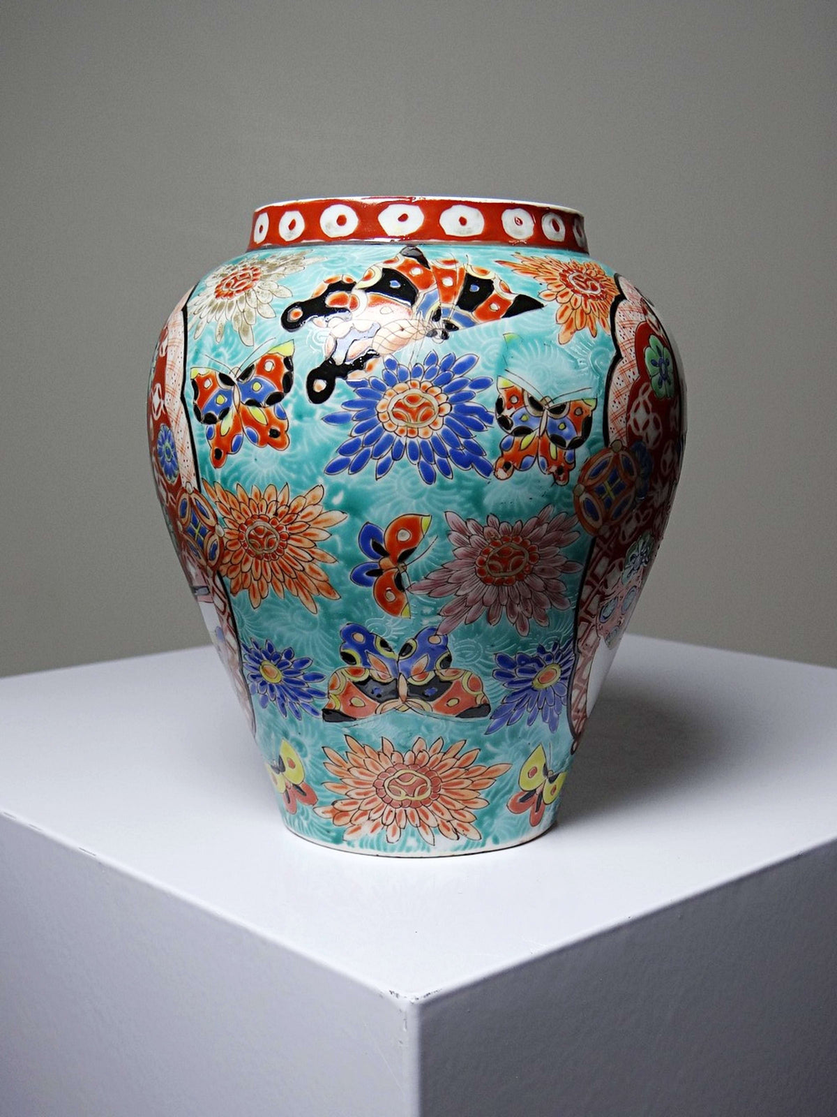 Vintage Vase Porzellan handbemalt, Meiji-Periode, Türkis und Gold