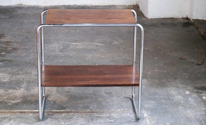 Vintage Beistelltisch / Regal mit verchromtem Stahlrohrgestell kastanienbraun