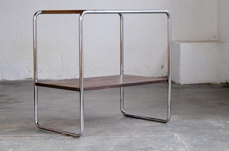 Vintage Beistelltisch / Regal mit verchromtem Stahlrohrgestell kastanienbraun