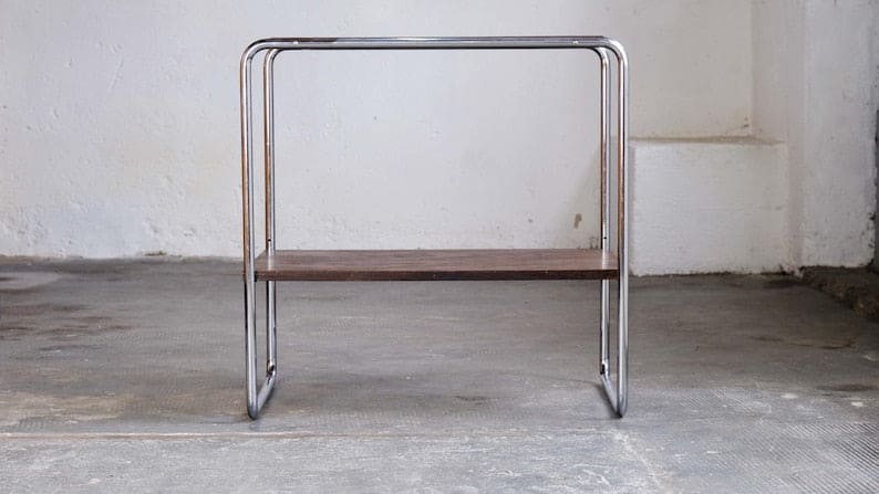 Vintage Beistelltisch / Regal mit verchromtem Stahlrohrgestell kastanienbraun