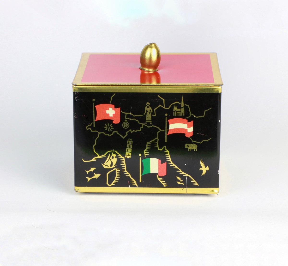 Vintage Metal Bonboniere Mid Century Black Orange Red Europe Flags Gold