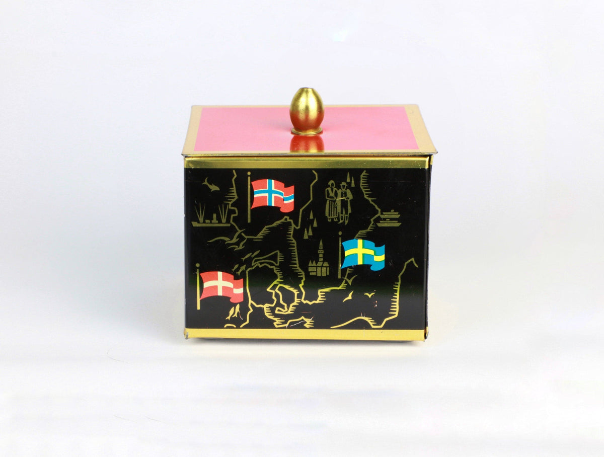 Vintage Metal Bonboniere Mid Century Black Orange Red Europe Flags Gold