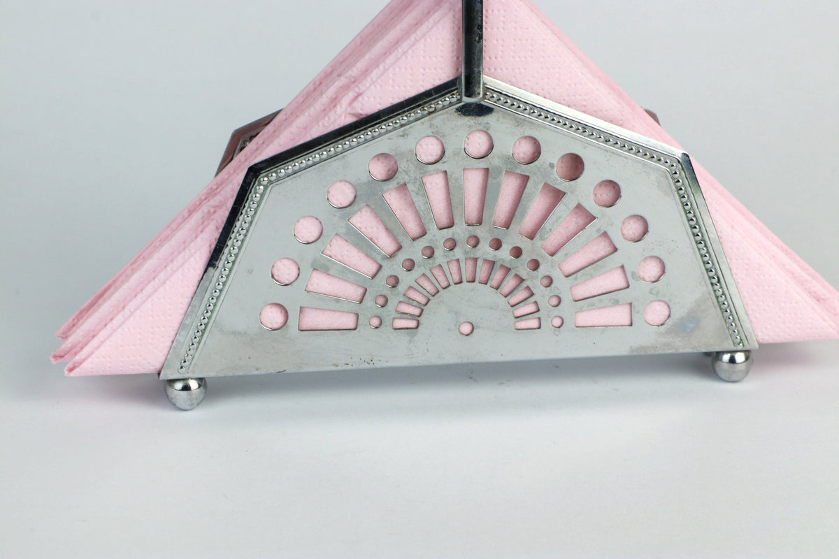 Vintage Serviettenhalter Metall Art Deco Revival 1980 Silber Geometrisch