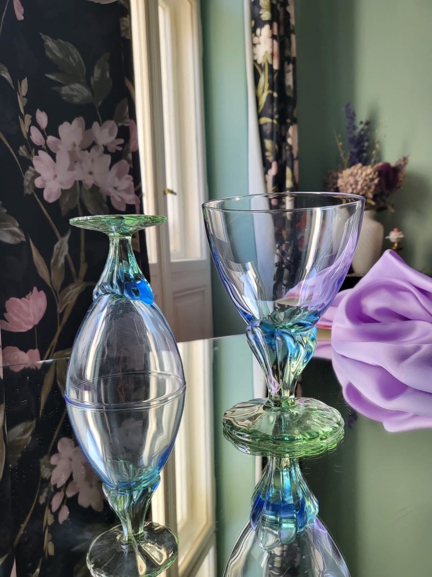 Vintage Dessertschale Glas von Bormioli Rocco Grün Blau Postmodern Set von 4