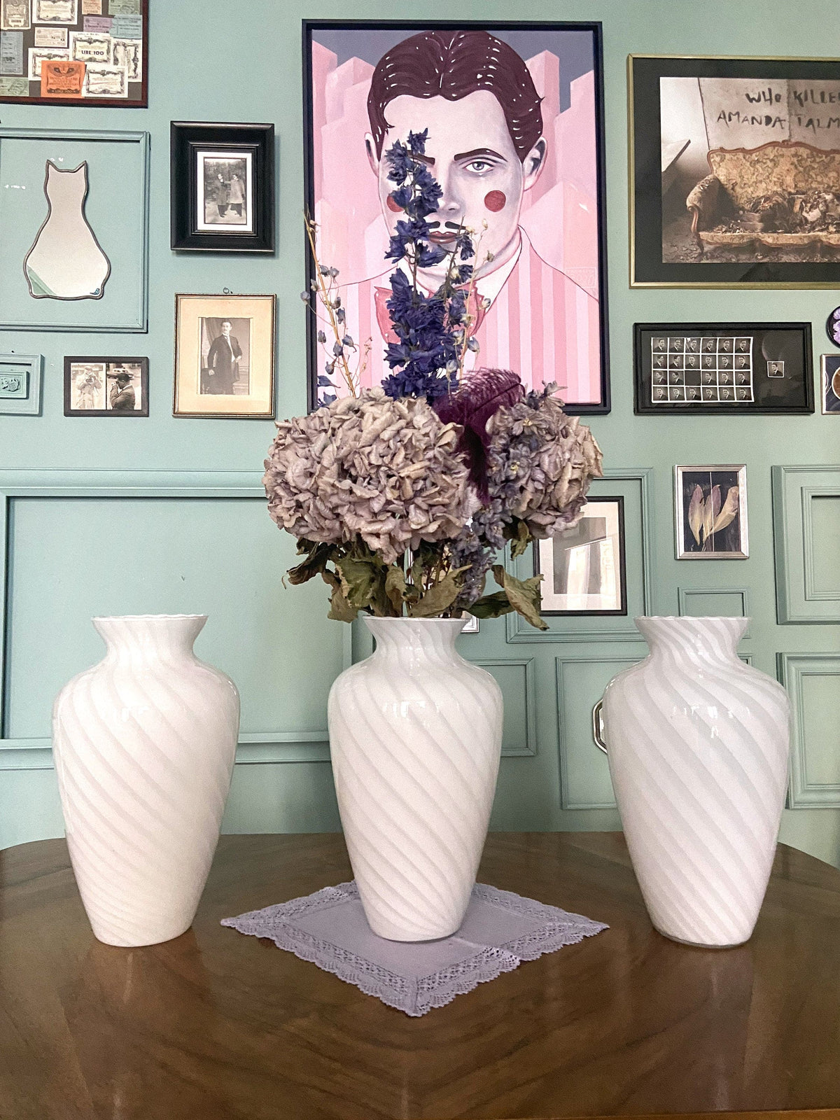 Vase tourbillon vintage en verre de Murano Venise 1950 blanc rose Vetro Barovier Toso