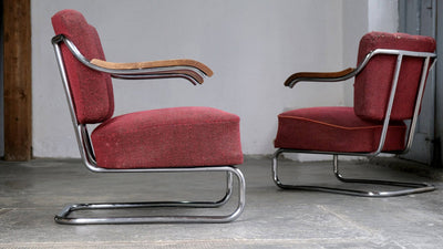 Clubsessel von Mücke Melder dunkelrot verchromt Set von 2