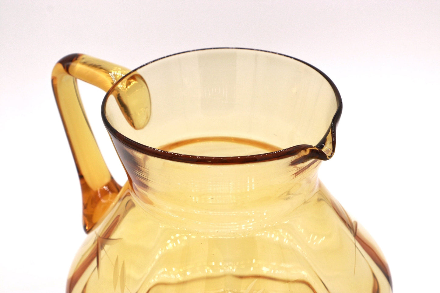 Vintage Carafe Art Deco Lead Cut Engraved Flowers Glass Amber 1930s