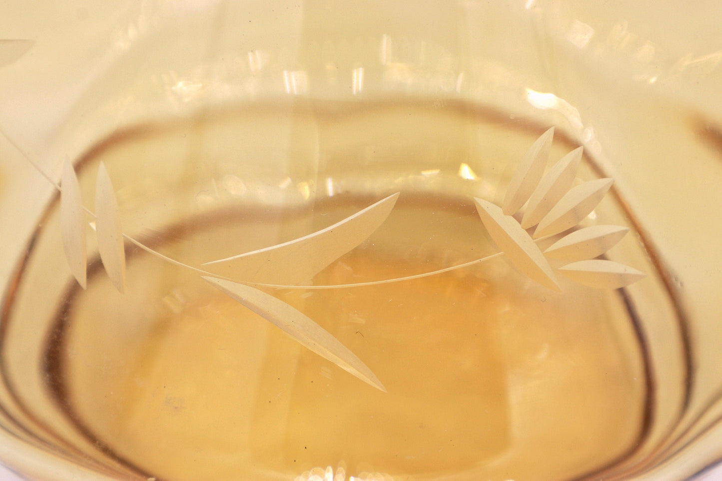 Vintage Carafe Art Deco Lead Cut Engraved Flowers Glass Amber 1930s