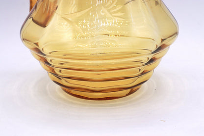 Vintage Carafe Art Deco Lead Cut Engraved Flowers Glass Amber 1930s