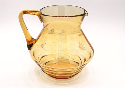 Vintage Carafe Art Deco Lead Cut Engraved Flowers Glass Amber 1930s