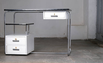 Vintage Schreibtisch Bauhaus Stahlrohr, weiß-grau, abschließbar