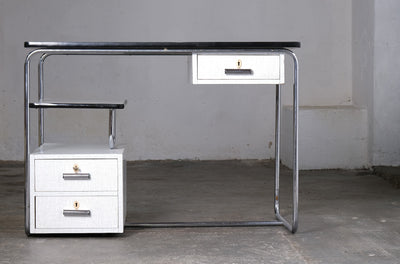 Vintage Schreibtisch Bauhaus Stahlrohr, weiß-grau, abschließbar