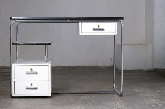 Vintage Schreibtisch Bauhaus Stahlrohr, weiß-grau, abschließbar