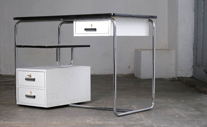 Vintage Schreibtisch Bauhaus Stahlrohr, weiß-grau, abschließbar