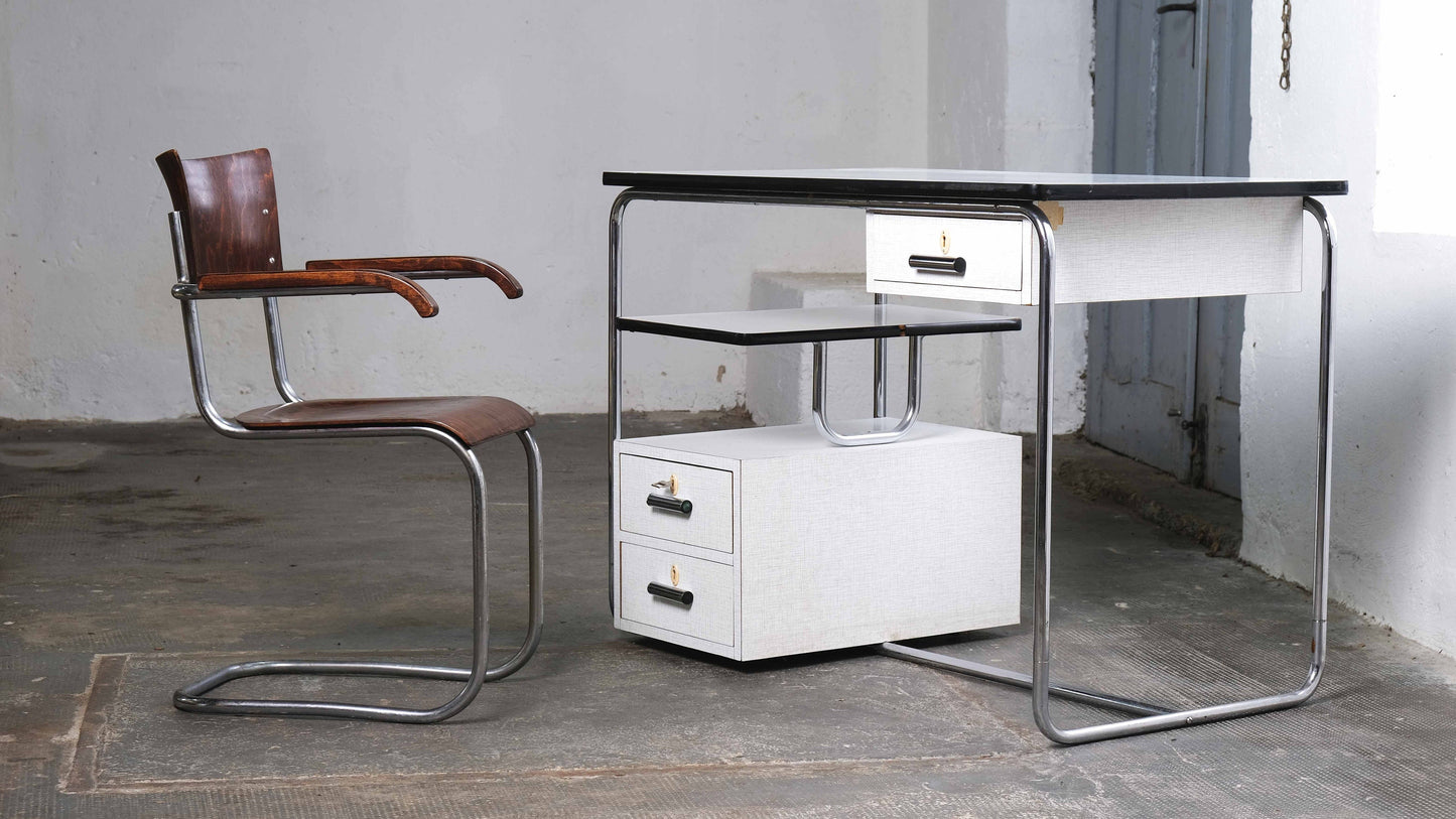 Vintage Schreibtisch Bauhaus Stahlrohr, weiß-grau, abschließbar