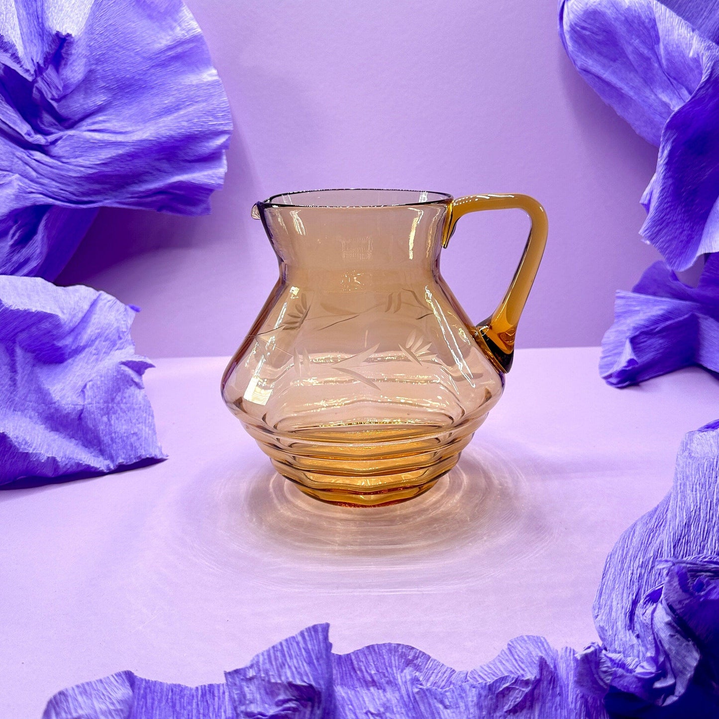 Vintage Carafe Art Deco Lead Cut Engraved Flowers Glass Amber 1930s