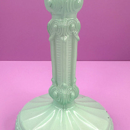 Vintage Art Deco Revival Glass Candle Holder Mint Green Pastel Turquoise 80s Floral