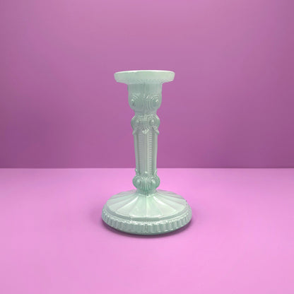 Vintage Art Deco Revival Glass Candle Holder Mint Green Pastel Turquoise 80s Floral