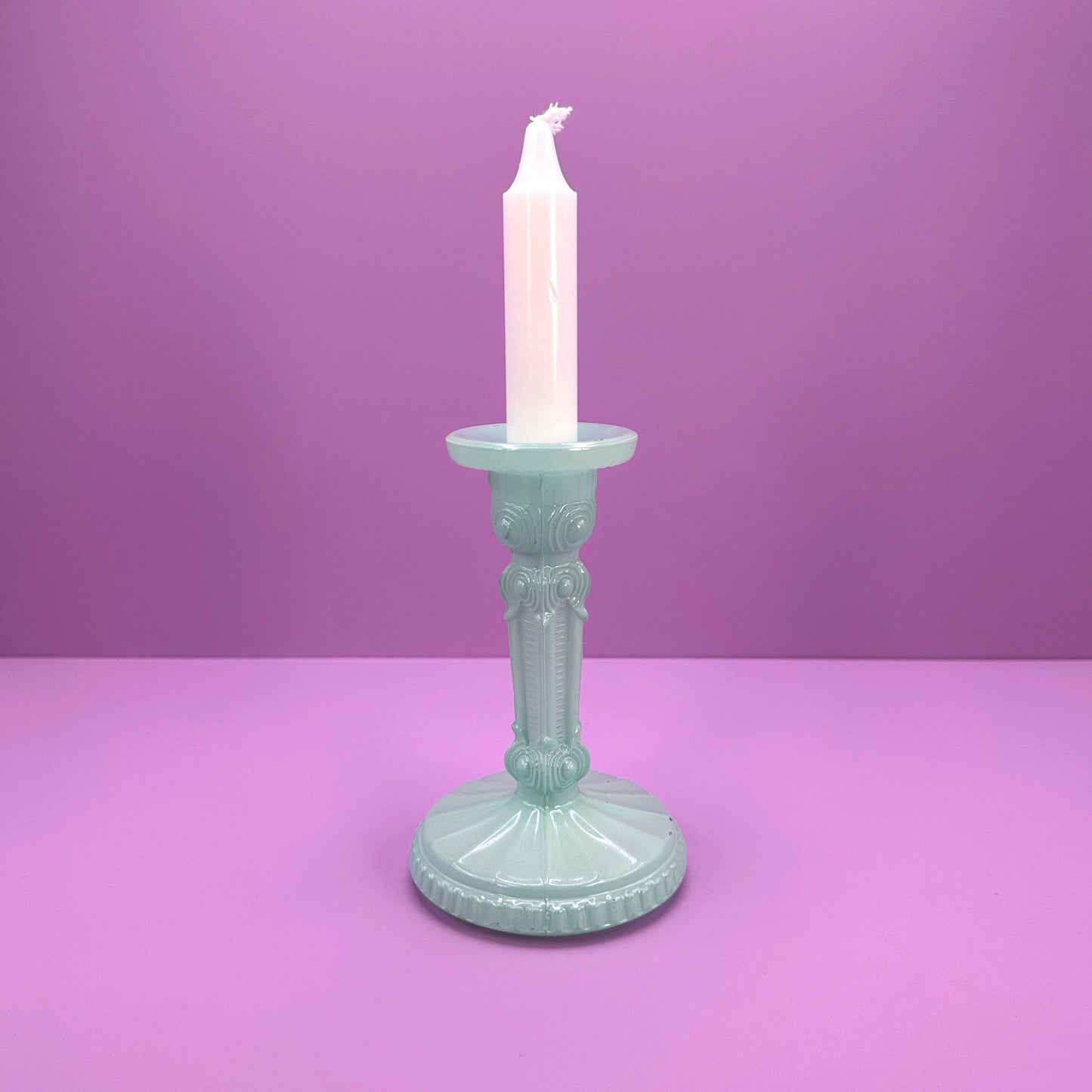 Vintage Art Deco Revival Glass Candle Holder Mint Green Pastel Turquoise 80s Floral