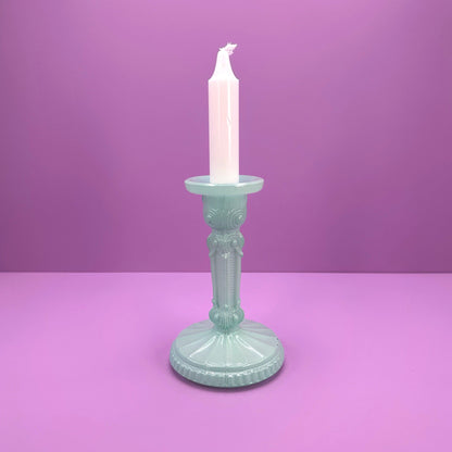 Vintage Art Deco Revival Glass Candle Holder Mint Green Pastel Turquoise 80s Floral