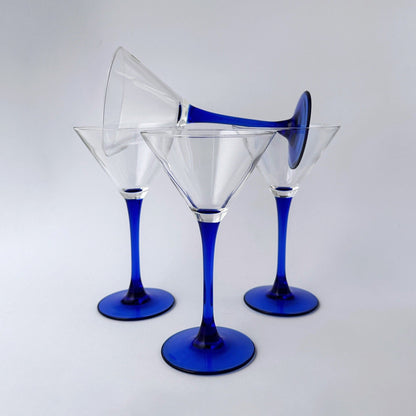 Vintage Martini Glass Blue Oceane Sapphire by Luminarc 80s Art Deco Revival
