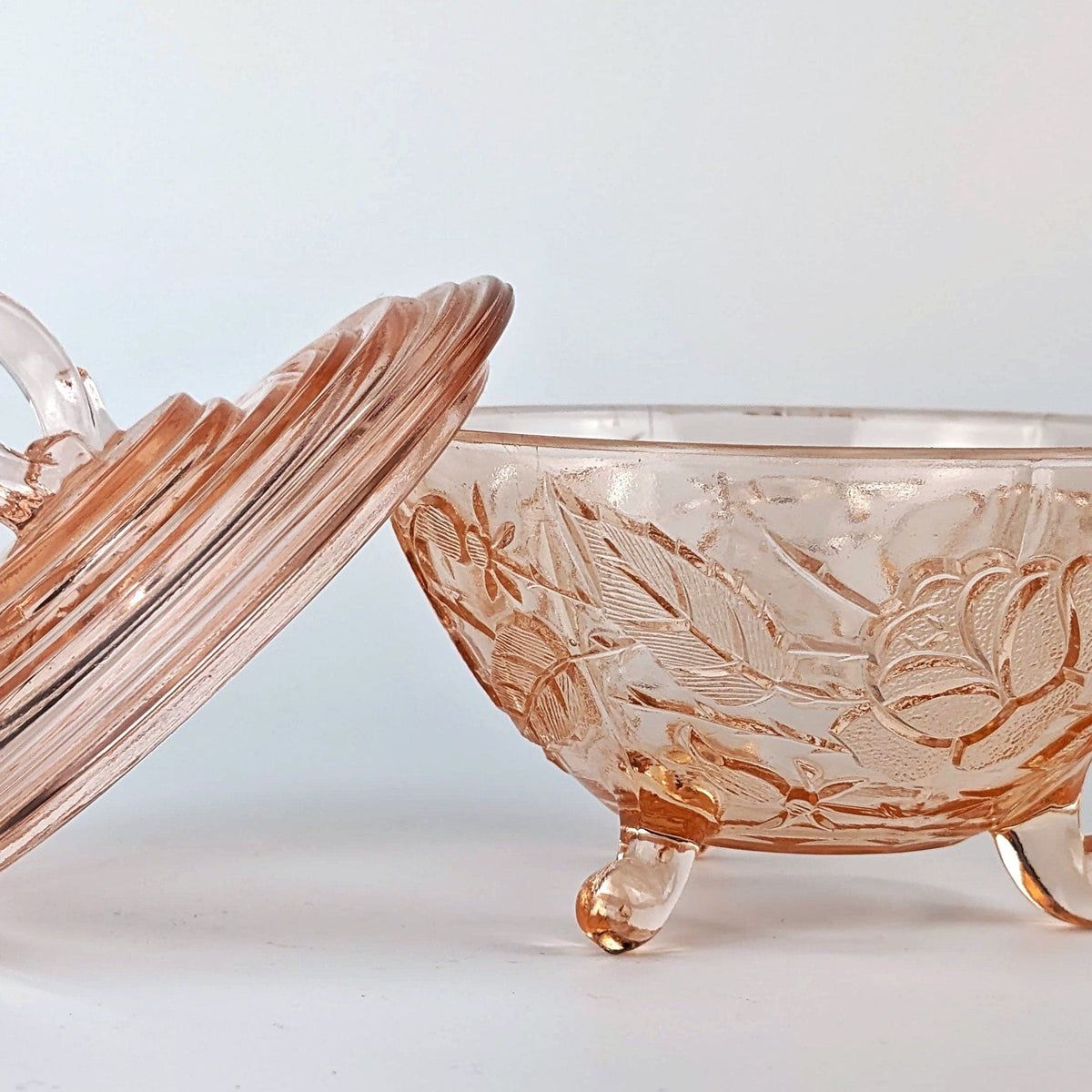 Vintage Bonboniere Rosalin Glass Pink Pressed Glass Floral 30s