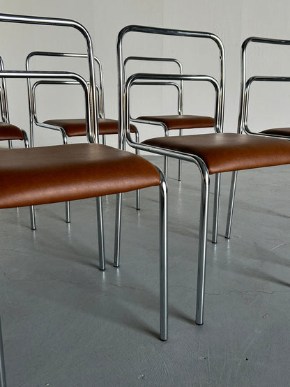 Chaise de salle à manger vintage design Bauhaus en tube d'acier chromé et simili cuir, années 1980