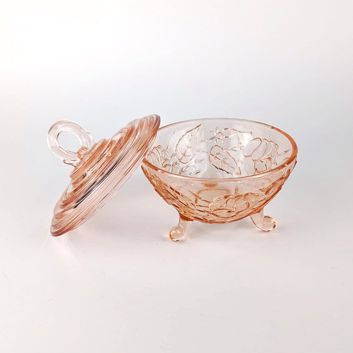 Vintage Bonboniere Rosalin Glass Pink Pressed Glass Floral 30s